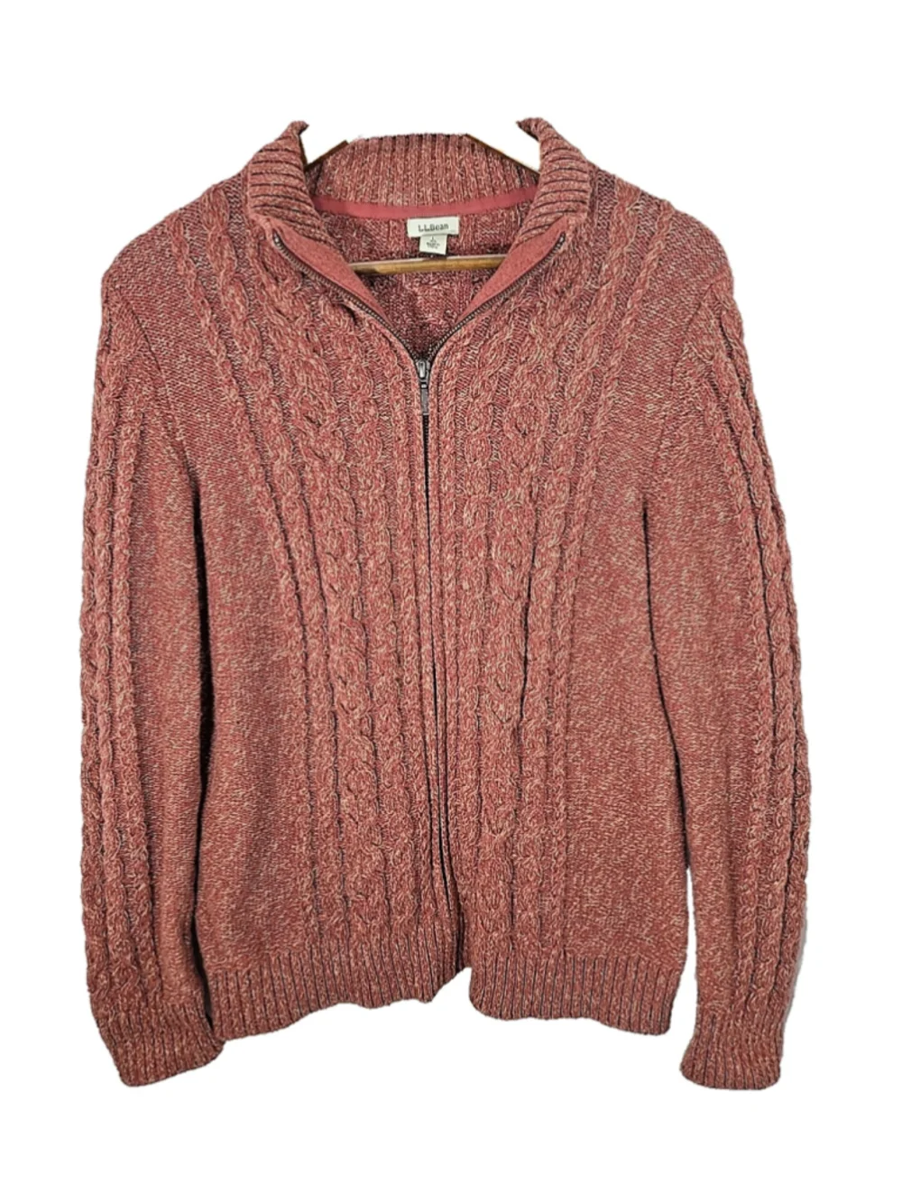L.L. Bean Large Cable Knit Full Zip Sweater 100% Cotton Rust Textured Heritage
